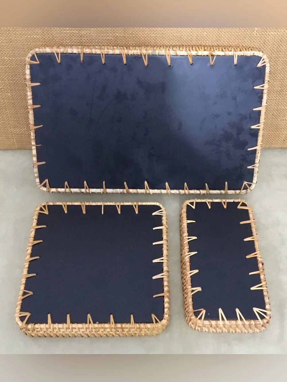 Brazil Station Handwoven Rattan Mother of Pearl Service Tray Set of Three.